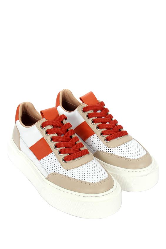 Kadın Sneakers Ayakkabı - Turuncu-Bej-Beyaz Deri