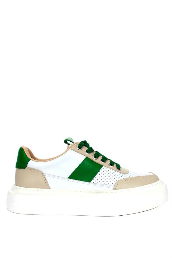 Kadın Sneakers Ayakkabı-Yeşil-Bej-Beyaz Deri