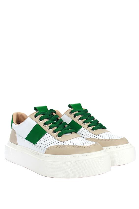 Kadın Sneakers Ayakkabı-Yeşil-Bej-Beyaz Deri