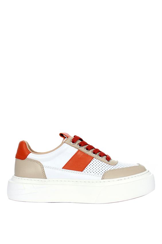 Kadın Sneakers Ayakkabı - Turuncu-Bej-Beyaz Deri