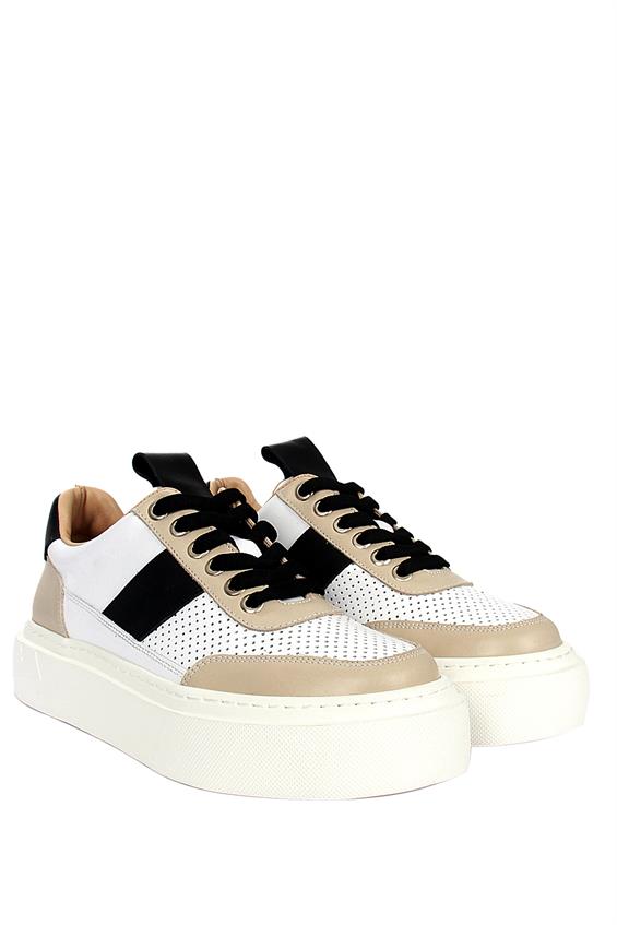 Kadın Sneakers Ayakkabı-Bej-Beyaz-Siyah Deri