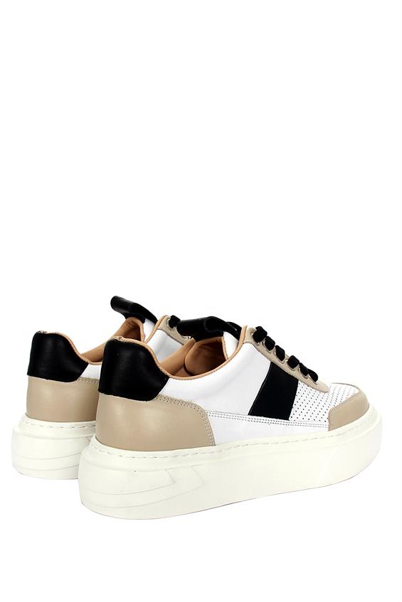 Kadın Sneakers Ayakkabı-Bej-Beyaz-Siyah Deri