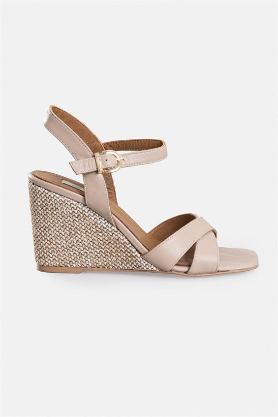 Kadın Dolgu Topuklu Sandalet - Bej Deri Bej Hasır