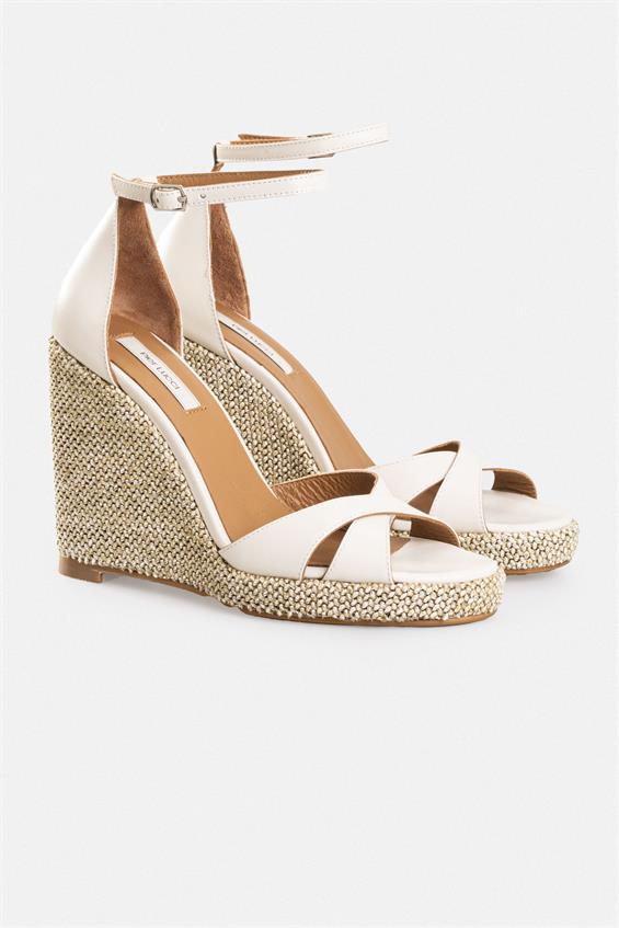 Kadın Dolgu Topuklu Sandalet - Bej Deri