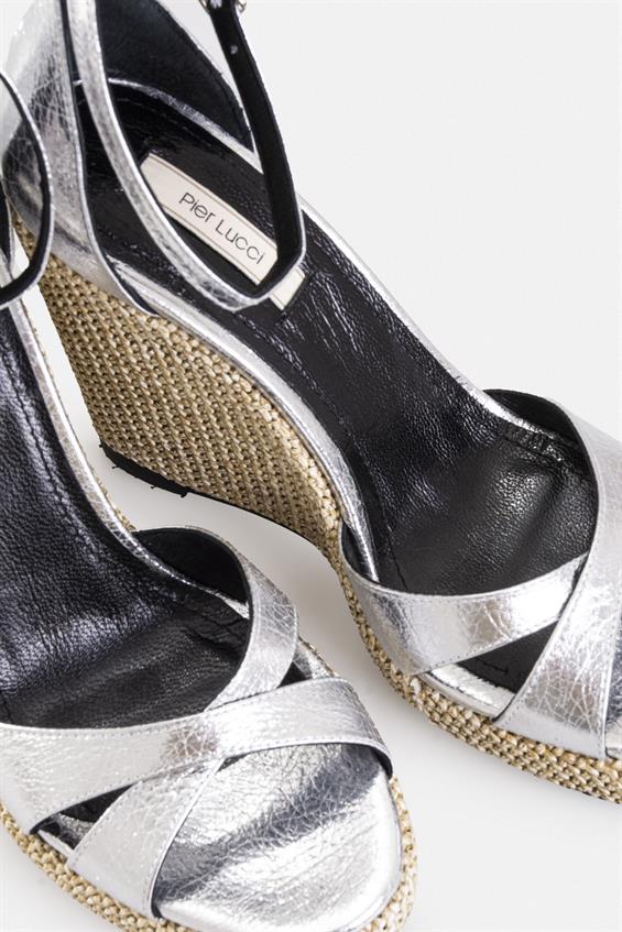 Kadın Dolgu Topuklu Sandalet - Gümüş Deri