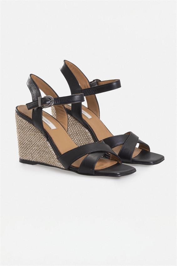 Kadın Dolgu Topuklu Sandalet - Siyah Deri Bej Hasır