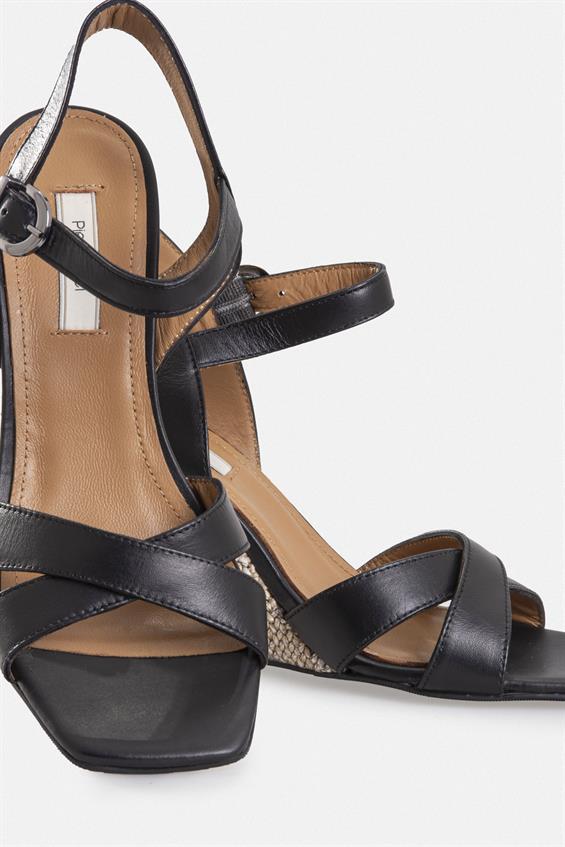 Kadın Dolgu Topuklu Sandalet - Siyah Deri Bej Hasır