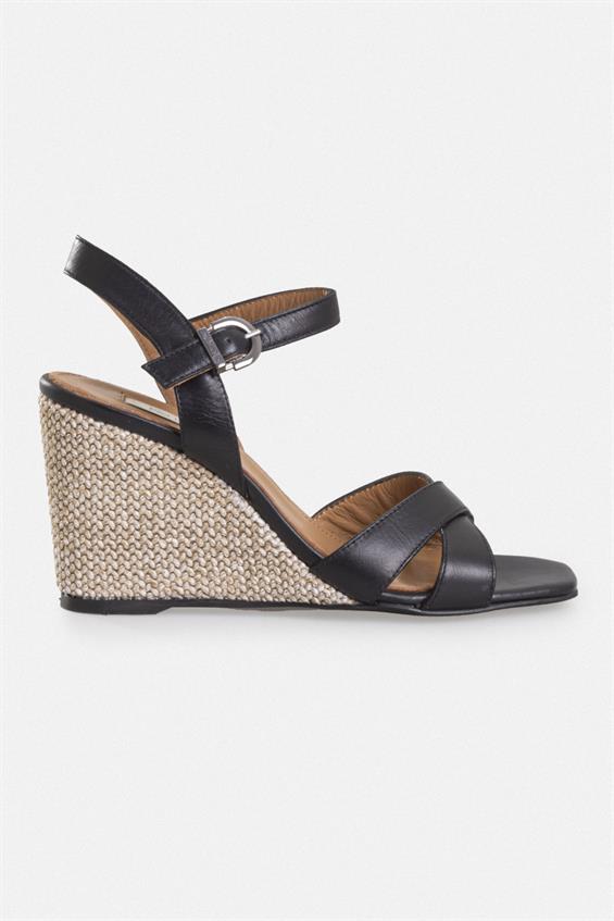 Kadın Dolgu Topuklu Sandalet - Siyah Deri Bej Hasır