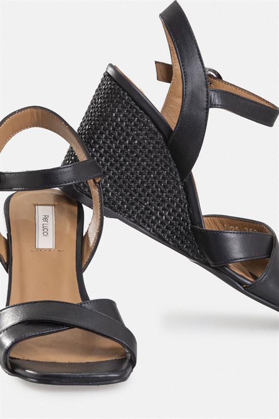 Kadın Dolgu Topuklu Sandalet - Siyah Deri Siyah Hasır
