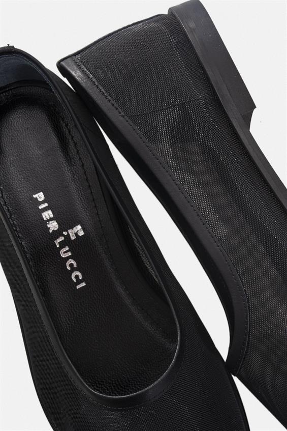 Kadın Düz Babet Ayakkabı-Siyah File Siyah Deri