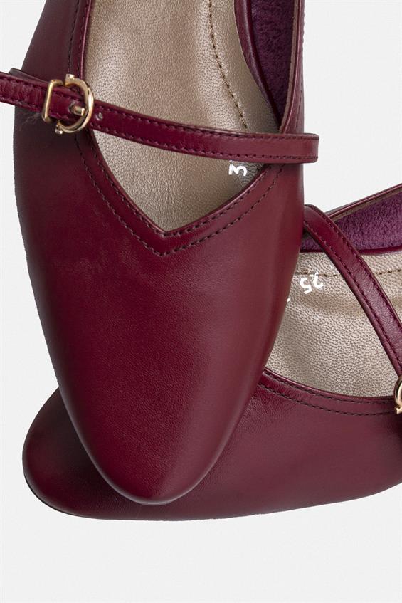 Kadın Tokalı Babet Ayakkabı - Bordo Deri