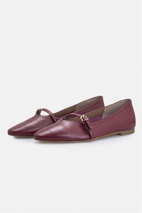 Kadın Tokalı Babet Ayakkabı - Bordo Deri