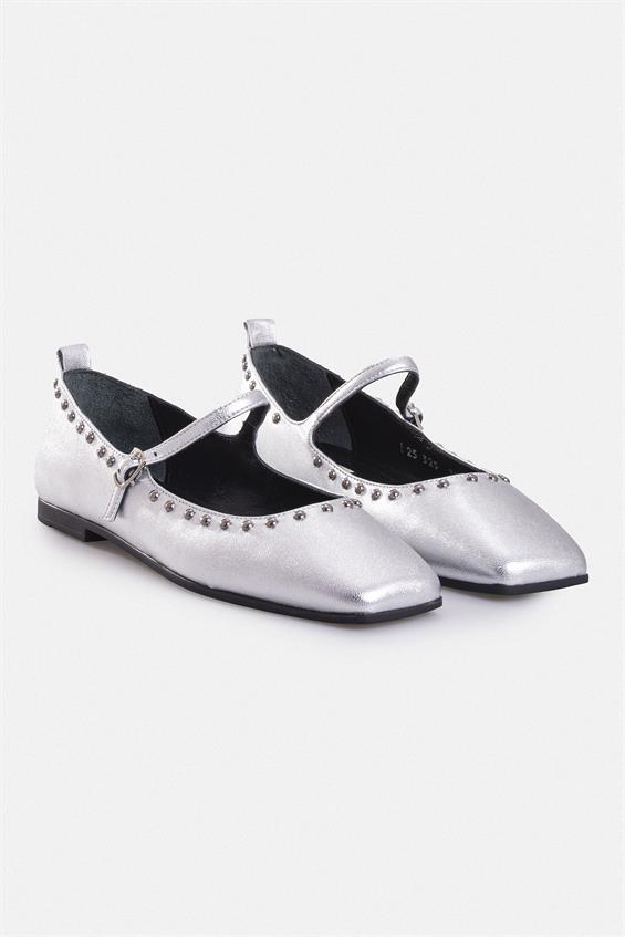 Kadın Tokalı Düz Babet Ayakkabı - Lame Deri