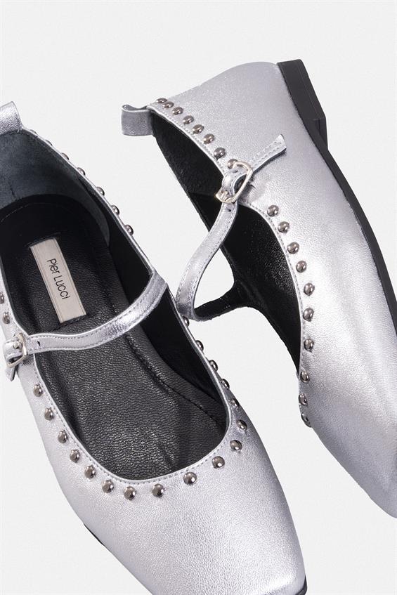 Kadın Tokalı Düz Babet Ayakkabı - Lame Deri