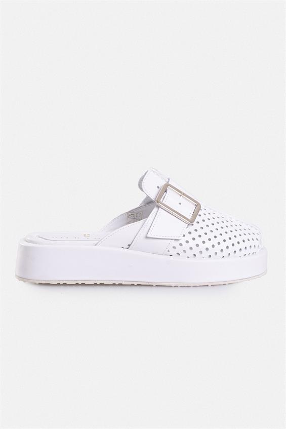 Kadın Günlük Düz Terlik-Beyaz Deri