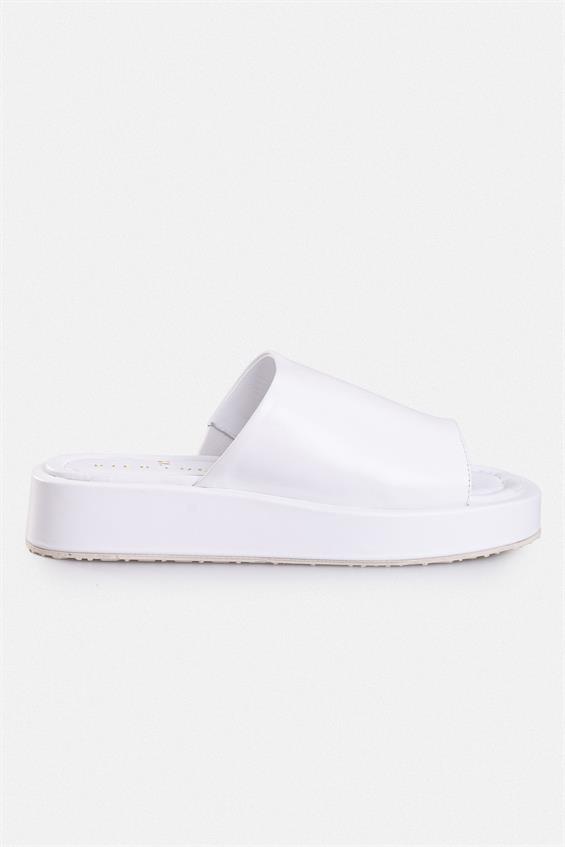 Kadın Günlük Düz Terlik - Beyaz Deri 