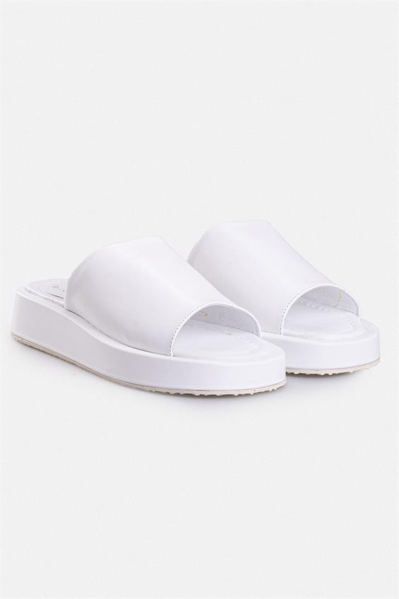 Kadın Günlük Düz Terlik - Beyaz Deri 