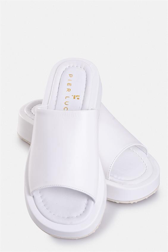 Kadın Günlük Düz Terlik - Beyaz Deri 