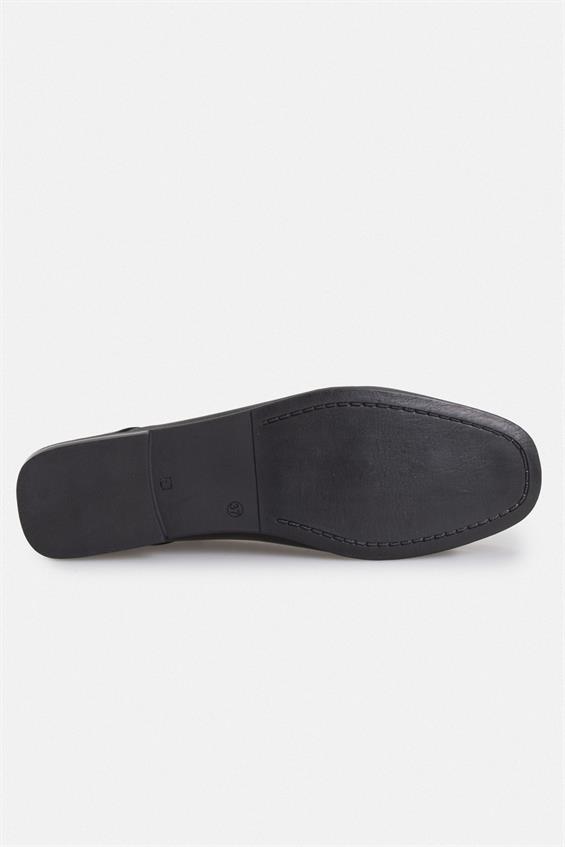 Kadın Tokalı Düz Babet Ayakkabı - Siyah Deri