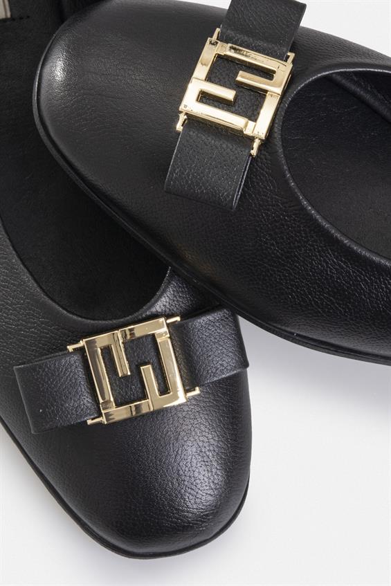 Kadın Tokalı Düz Babet Ayakkabı - Siyah Deri