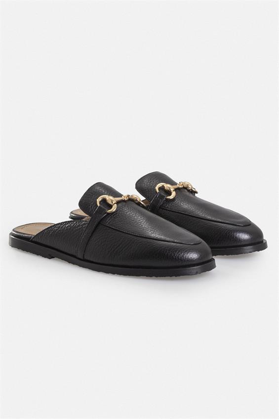 Kadın Günlük Düz Terlik - Siyah Floter Deri