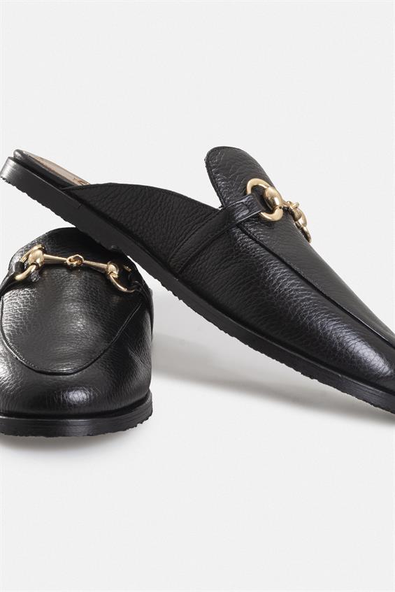 Kadın Günlük Düz Terlik - Siyah Floter Deri