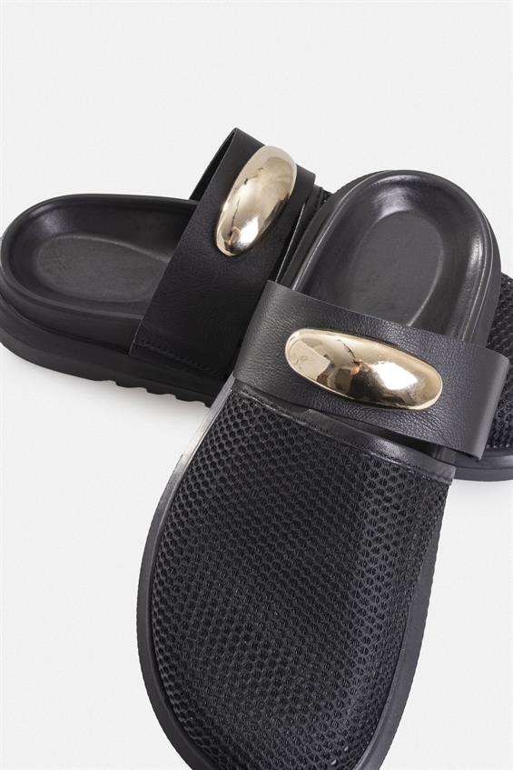 Kadın Günlük Düz Terlik - Siyah Deri File