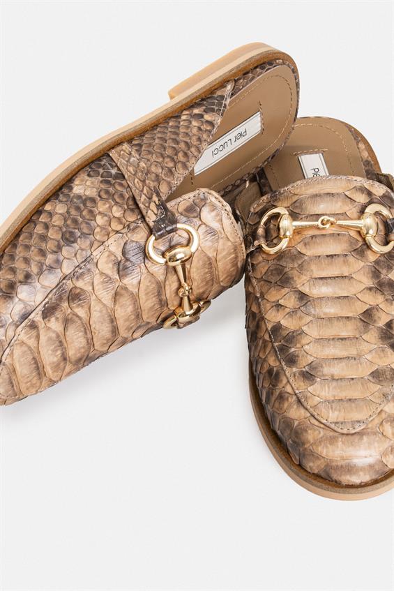 Kadın Günlük Düz Terlik - Chesnut Yılan Derisi