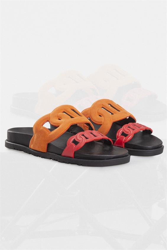 Kadın Günlük Düz Terlik-Kırmızı Deri-Turuncu Süet