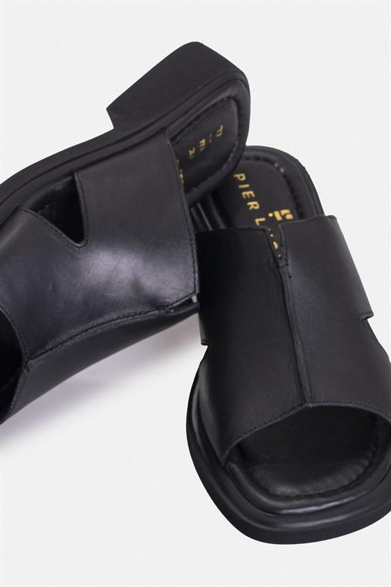 Kadın Günlük Düz Terlik - Siyah Deri