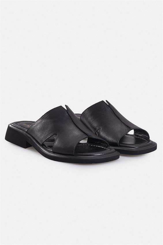 Kadın Günlük Düz Terlik - Siyah Deri