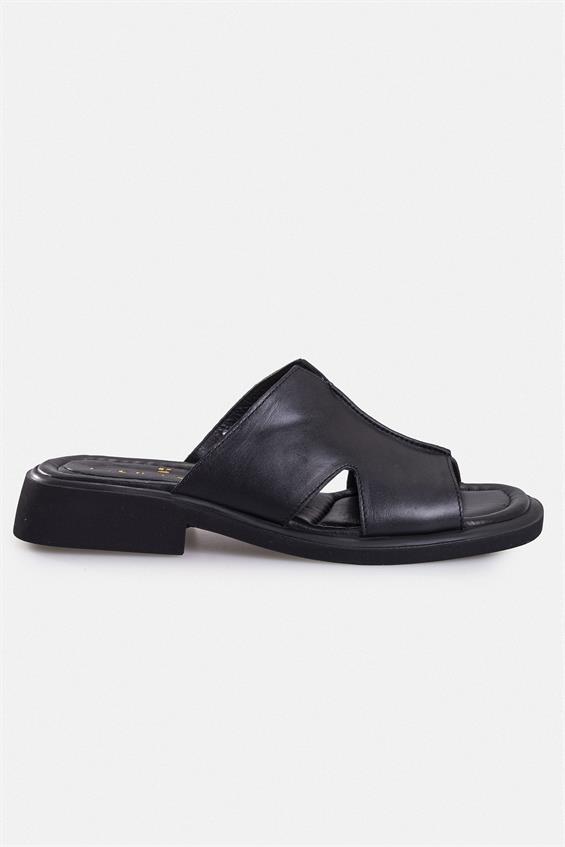 Kadın Günlük Düz Terlik - Siyah Deri