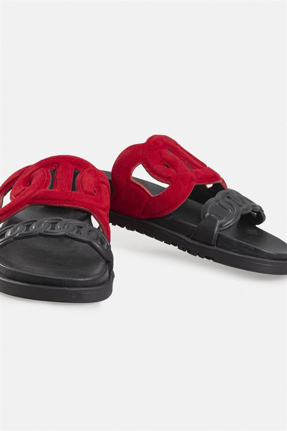 Kadın Günlük Düz Terlik - Siyah Deri-Kırmızı Süet