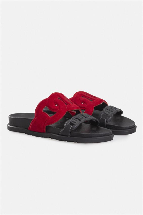 Kadın Günlük Düz Terlik - Siyah Deri-Kırmızı Süet