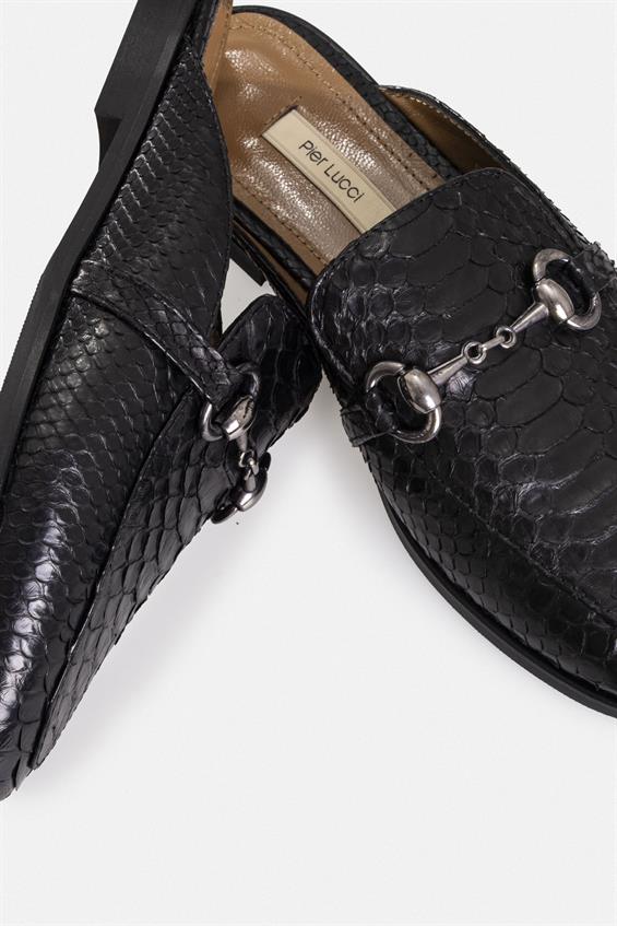 Kadın Günlük Düz Terlik-Siyah Yılan Derisi