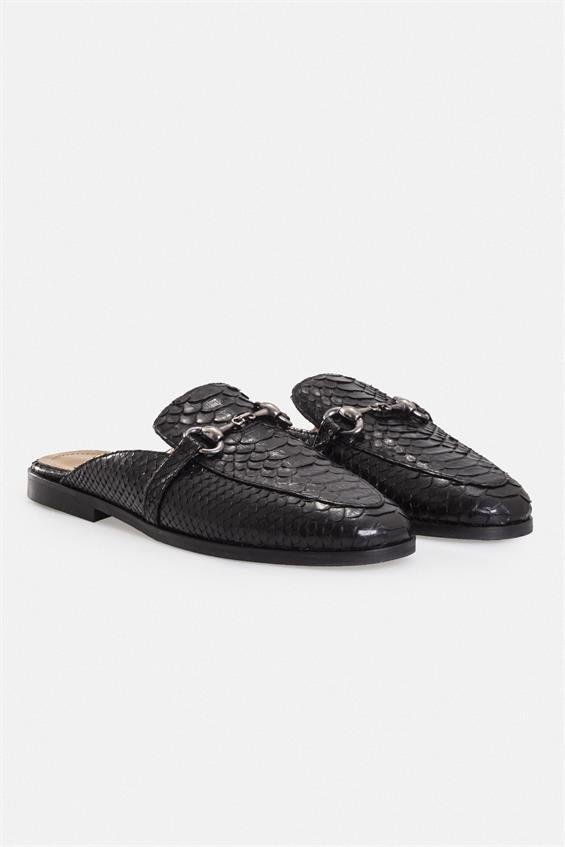 Kadın Günlük Düz Terlik-Siyah Yılan Derisi