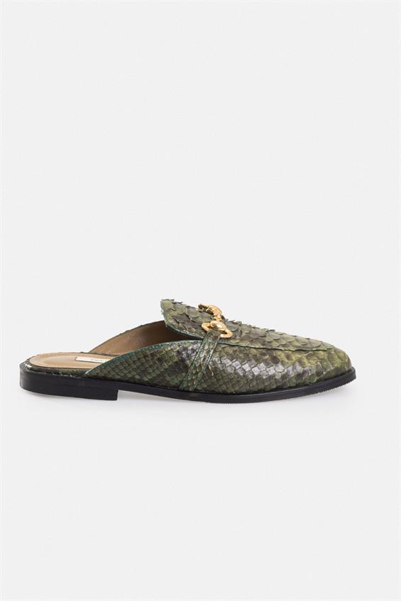 Kadın Günlük Düz Terlik - Yeşil Yılan Derisi
