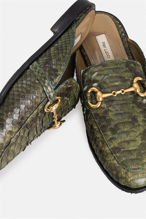 Kadın Günlük Düz Terlik - Yeşil Yılan Derisi