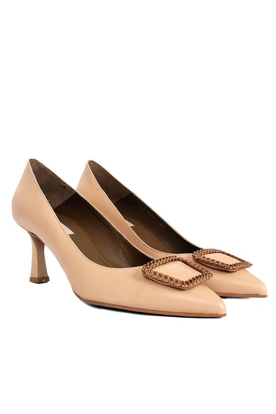 Kadın İnce Topuklu Ayakkabı - Ekru Deri