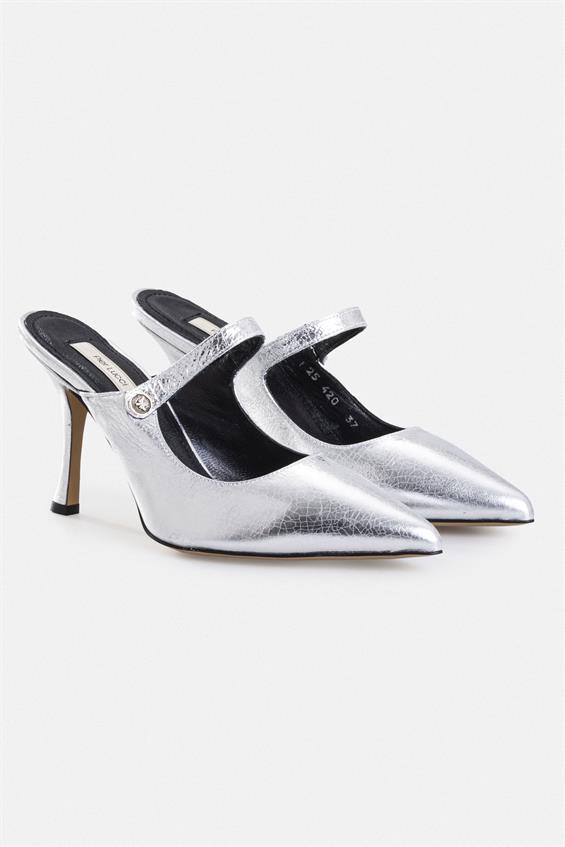 Kadın İnce Topuklu Ayakkabı - Gümüş Deri
