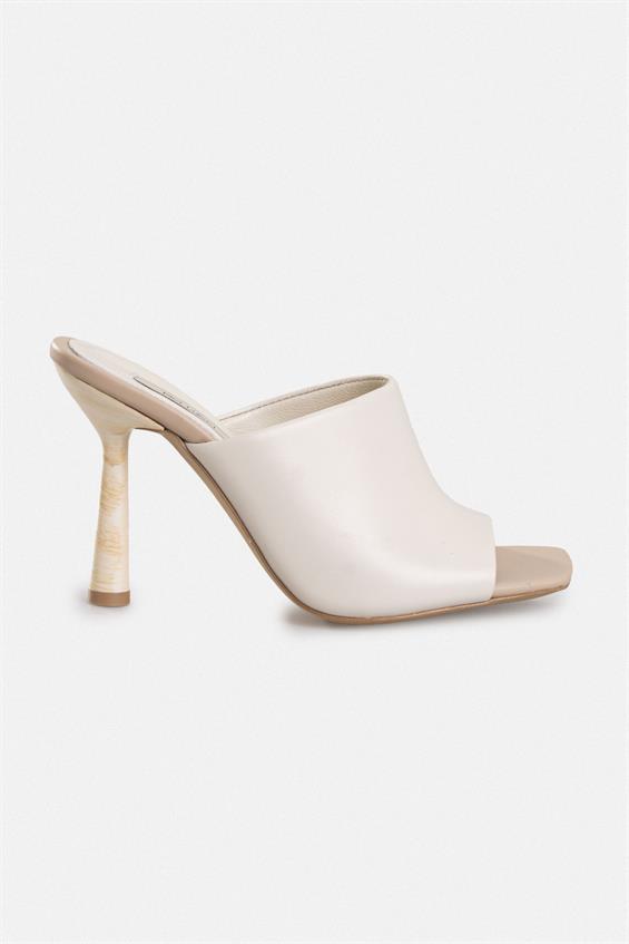 Kadın İnce Topuklu Terlik - Bej Deri