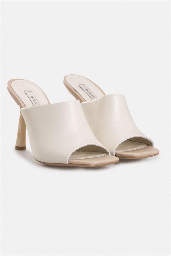 Kadın İnce Topuklu Terlik - Bej Deri