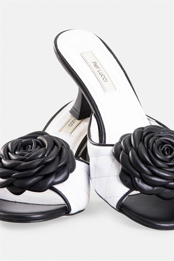 Kadın İnce Topuklu Terlik -Siyah-Beyaz Deri