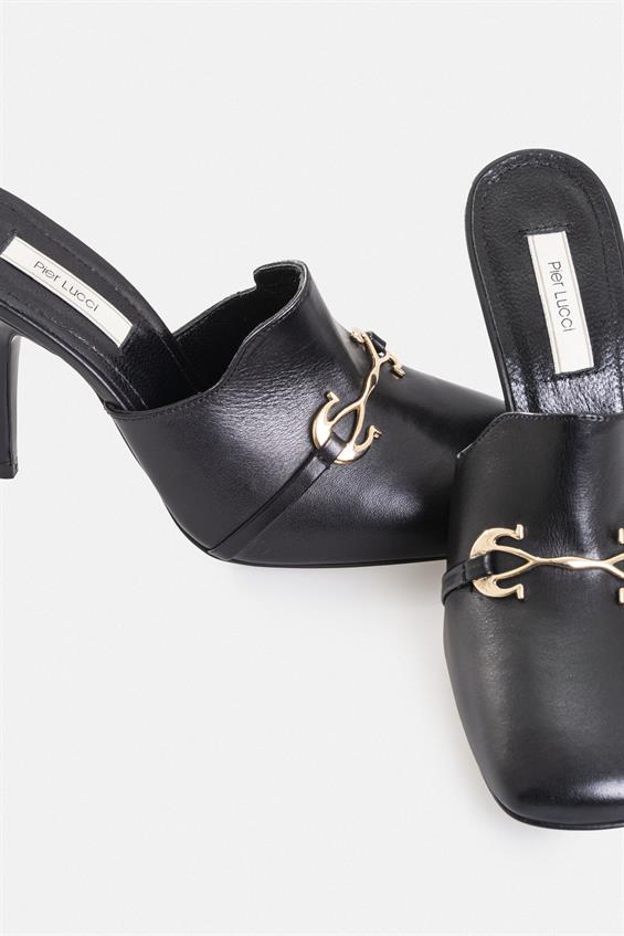 Kadın İnce Topuklu Terlik - Siyah Deri