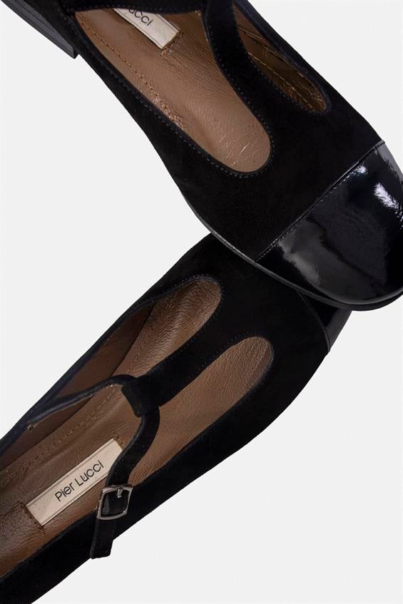 Kadın Tokalı Babet Ayakkabı - Siyah Rugan-Süet