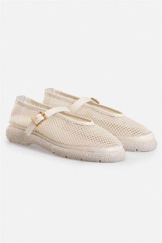 Kadın Tokalı Babet Ayakkabı - Bej File