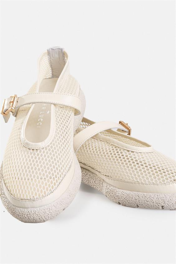 Kadın Tokalı Babet Ayakkabı - Bej File