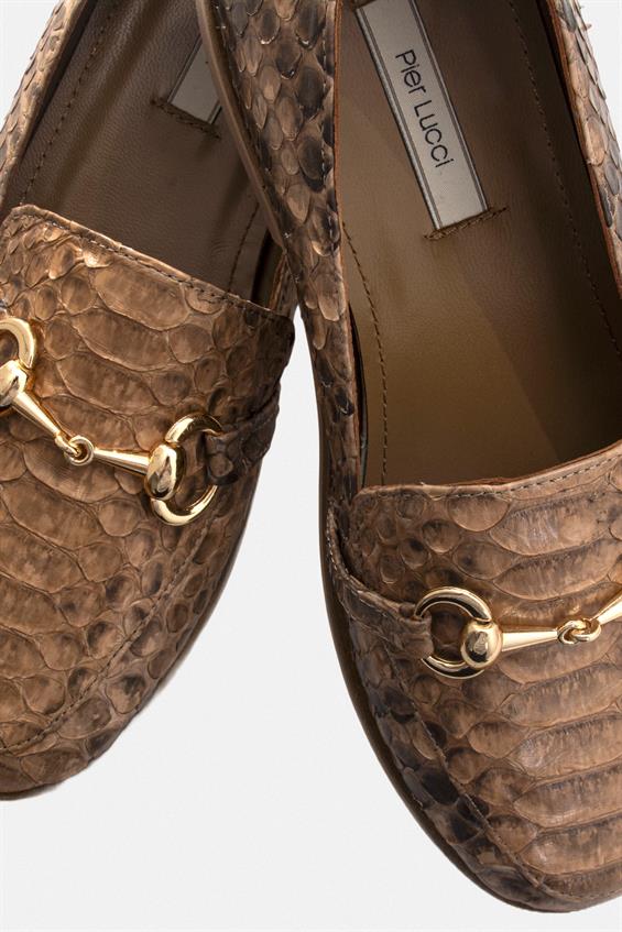 Kadın Tokalı Loafer Babet Ayakkabı - Chesnut Yılan Derisi