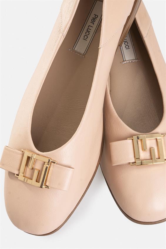 Kadın Tokalı Düz Babet Ayakkabı - Bej Deri