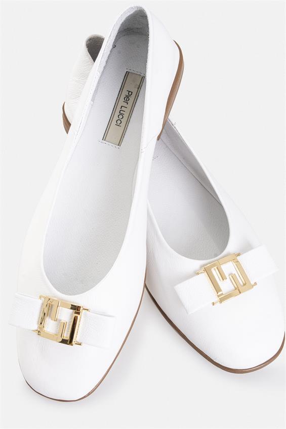 Kadın Tokalı Düz Babet Ayakkabı - Beyaz Deri